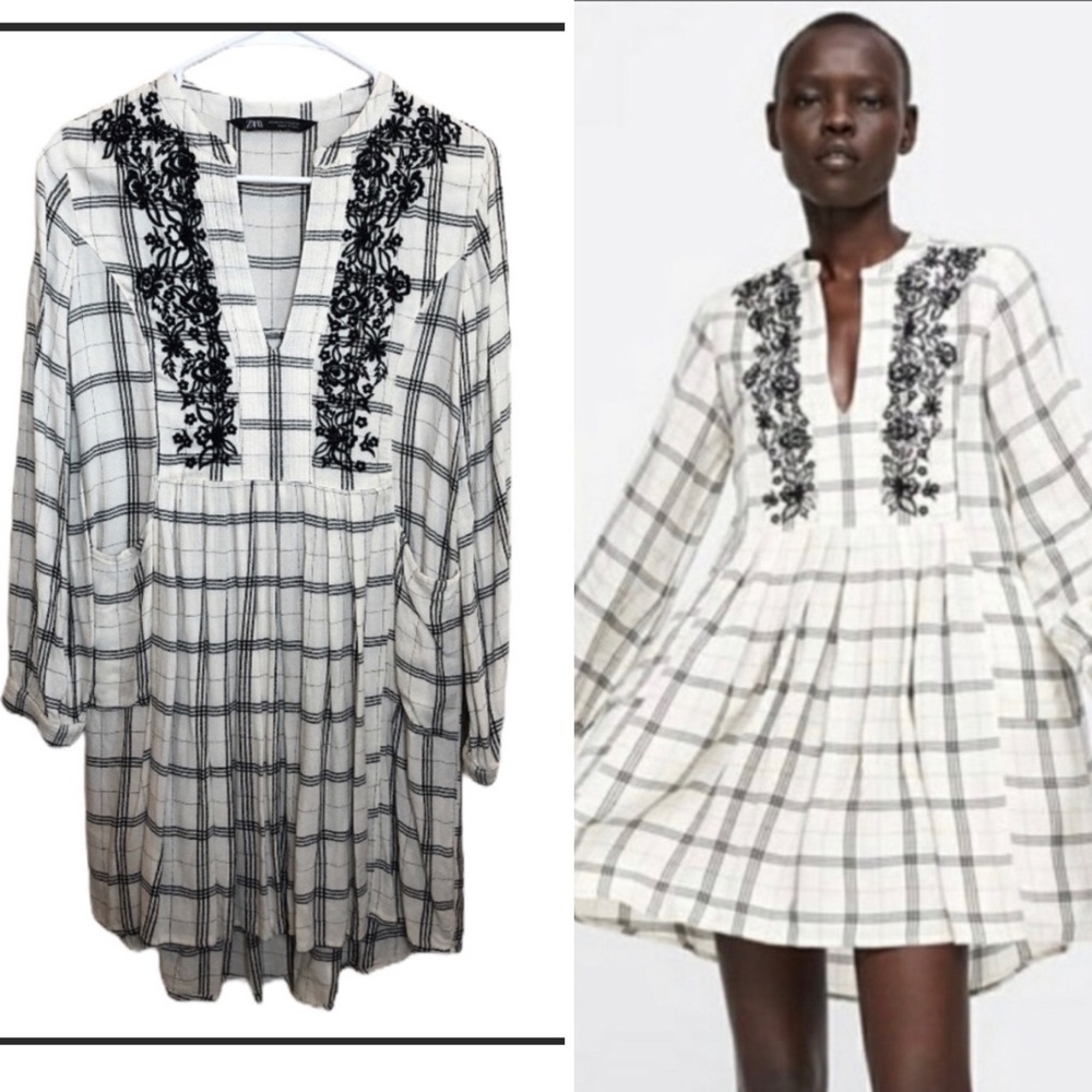 ZARA Black & White Windowpane Check Peasant Dress
